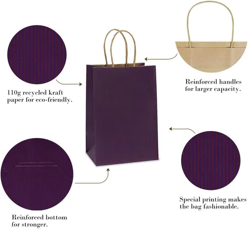 Miniatura 3 de Bolsas de regalo BagDream 100 unidades 5.25 x 3 x 8 pulgadas, pequeñas bolsas de regalo de papel kraft con asas a granel, bolsas de papel púrpura