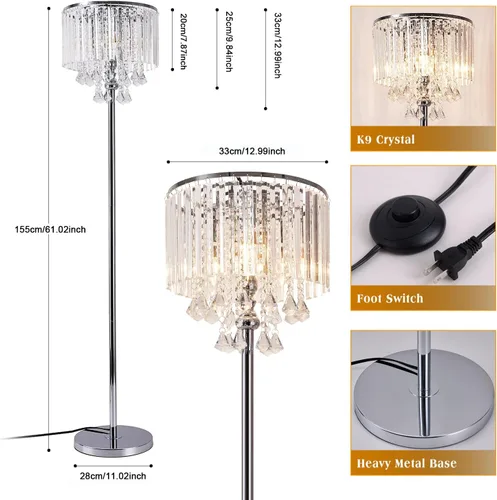 Miniatura 4 de beaysyty Modern Elegance - Lámpara de pie de cristal, interruptor de pie de encendido/apagado, 3 luces de cristal y cristal, lámpara de esquina