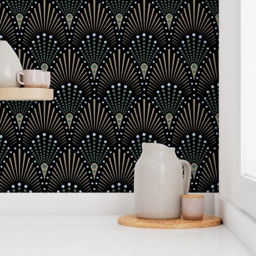 Miniatura 8 de Muestras de papel tapiz para despegar y pegar, ventilador Art Deco negro, verde, marrón, dorado, geométrico, puntos geométricos, papel tapiz