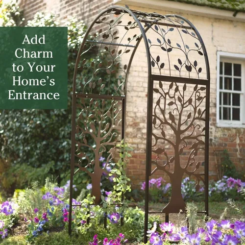 Miniatura 6 de Plow & Hearth Arco de metal para jardín al aire libre Árbol de la vida 83 pulgadas de alto Negro Celosía de acero para plantas y enredaderas