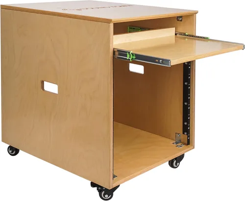 Miniatura 12 de Sound Town Estante inclinado de madera contrachapada de abedul báltico macizo de 12U con espacio de estante de 12U, cajón extra de 2U, patas