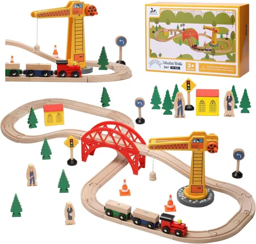 Miniatura 9 de SainSmart Jr. Juego de tren de madera para niños pequeños, pista de tren de madera de doble cara con 4 trenes compatible con Brio, Thomas, Melissa