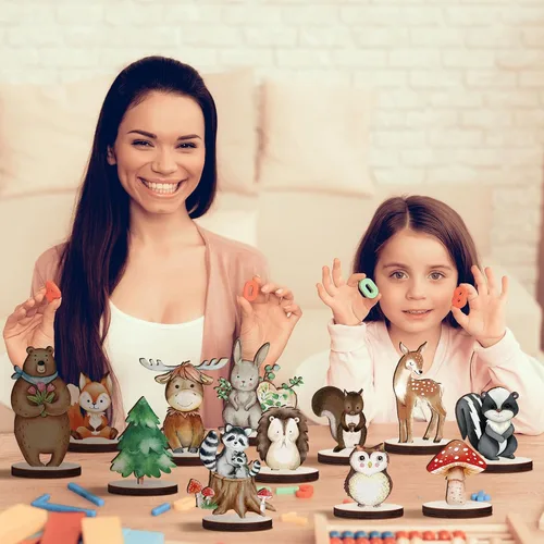Miniatura 7 de Geetery 12 piezas de animales del bosque, formas de animales de madera recortadas, decoración pintada del bosque para baby shower, criaturas