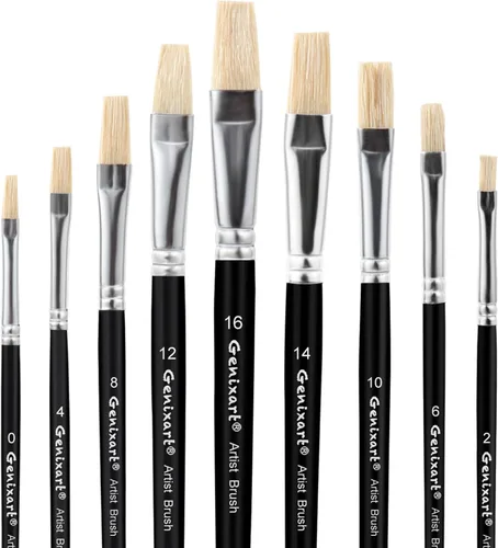 Juego de pinceles de acuarela al óleo acrílico, 9 pinceles planos para pintura artística, 100% cerdas blancas de cerdo blanco natural, pinceles de