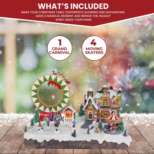 Miniatura 3 de Christmas Village Grand Carnival – Aldea musical animada de nieve preiluminada con patinadores en movimiento, trineo de renos de Papá Noel, tiovivo