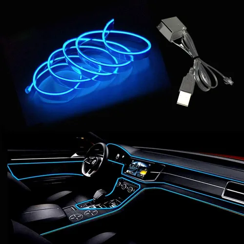 Miniatura 25 de Tira de luces LED de cable electroluminiscente azul para interior de automóvil, 6.5 pies de cable de neón con controlador USB de 5 voltios