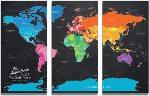 Miniatura 15 de 3 paneles - Mapa de viaje colorido del mundo con alfileres en lienzo envuelto en galería, mapa de pared grande