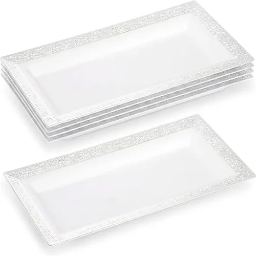 Miniatura 15 de Bandeja de Servir de Plástico Transparente (Paquete de 4) Bandejas y Platos Desechables Transparentes con Borde Dorado para Servir Alimentos