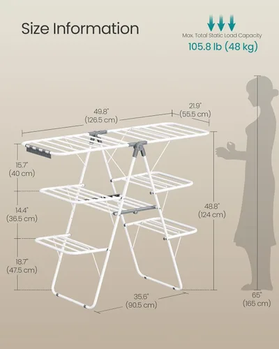 Miniatura 5 de SONGMICS ULLR054W01 - Estante de secado de ropa plegable de 3 niveles, estante de secado grande independiente, con alas ajustables en altura, 39
