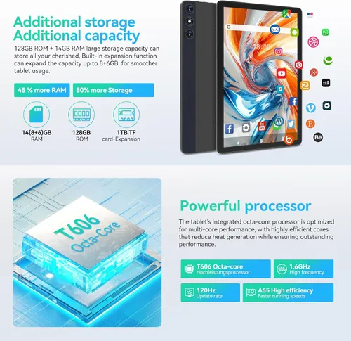 Miniatura 2 de Tablet Android 14 2 en 1 de 10 pulgadas con teclado/funda, 14 GB de RAM, 128 GB de ROM (TF 1 TB), Octa-Core, pantalla Incell, WiFi 5G+4G LTE