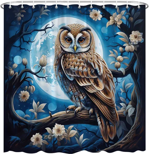 Cortina de ducha con diseño de búho, luna llena, vida silvestre, azul marino, fantasía, flores estrelladas, bosque brumoso, escena de animales, tela