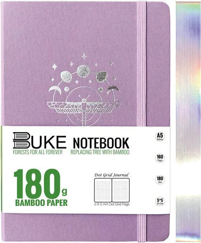 Miniatura 10 de BUKE Cuaderno de cuadrícula de puntos, papel blanco de bambú de 6.35 oz/m², 5 puntos de 0.197 x 0.197 in, 160 páginas, encuadernación plana, bordes