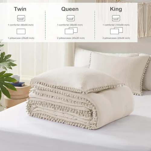 Miniatura 5 de Codi Juego de edredón beige tamaño King, ropa de cama bohemia chic con elegantes flecos de pompones, juego de lujo de 3 piezas de microfibra lavada