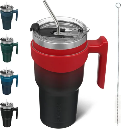 Miniatura 53 de BJPKPK Vaso con asa de acero inoxidable de 20 onzas, con aislamiento de doble pared, con tapa y pajita, color rosa claro A-rosa claro