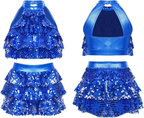 Miniatura 51 de JEATHA Top corto con borlas y lentejuelas brillantes para niñas, con minifalda, jazz latino, salsa, samba, rumba, baile