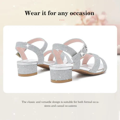 Miniatura 6 de Sandalias para niñas, tacones para niños, puntera abierta, correa al tobillo, zapatos de vestir, flores para boda, fiesta para niños pequeños