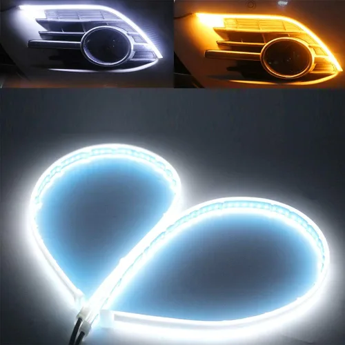 Qasim Tira de luces LED DRL de 23.6 in de color blanco y amarillo, tira de luces de circulación diurna de 24 pulgadas, tira de guía de señal de giro