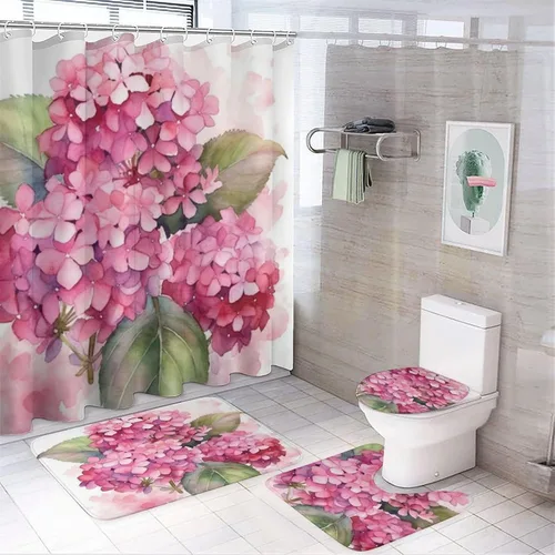 Miniatura 12 de Juego de 4 cortinas de ducha con alfombras, juego de baño con cortina de ducha y alfombras, 4 piezas, flores femeninas, lila, rosa, rubor, verde