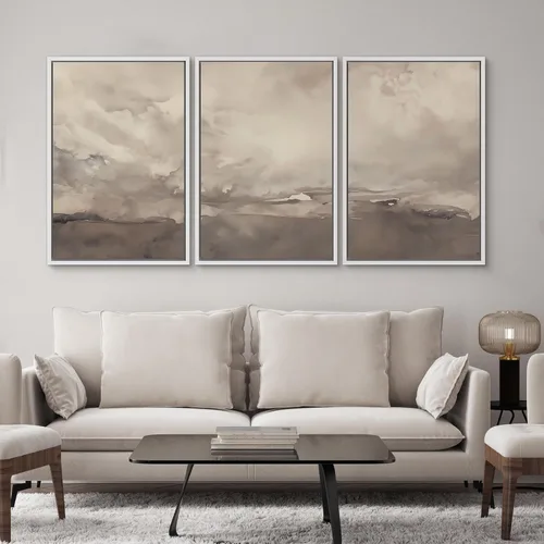 Miniatura 689 de SIGNWIN Lienzo enmarcado para pared, arte con pinceladas de flujo neutro en tonos beige abstractos, ilustraciones, arte moderno, decorativo