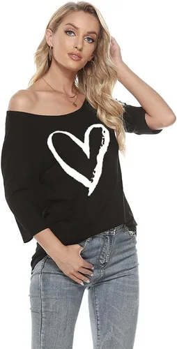 Miniatura 2 de MAGICMK Camiseta casual de talla grande con estampado de labios y hombros descubiertos para mujer