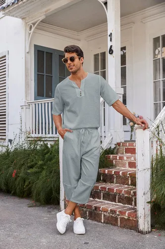 Miniatura 4 de COOFANDY Conjunto de 2 piezas de lino para hombre, camisa Henley de manga corta y pantalones capri harén, pierna ancha, holgados, pantalones de yoga