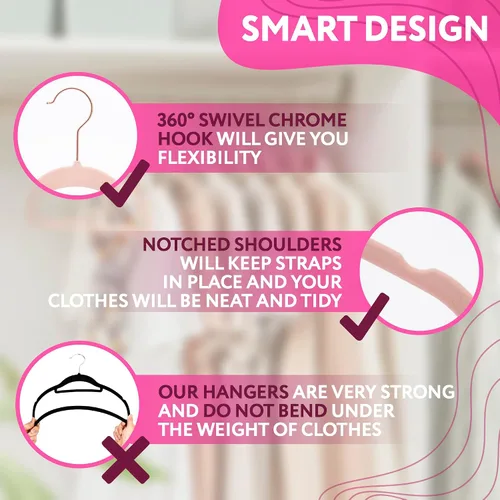 Miniatura 4 de Perchas de terciopelo, perchas antideslizantes para ropa, diseño fino rosa, gancho cromado giratorio de 360°, hombros con muescas, 17.5 pulgadas
