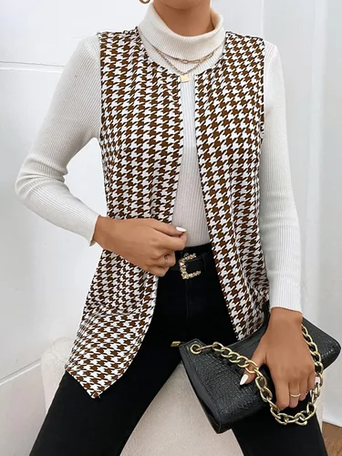 Miniatura 5 de WDIRARA Chaleco elegante sin mangas con pata de gallo abierto para mujer, abrigo largo