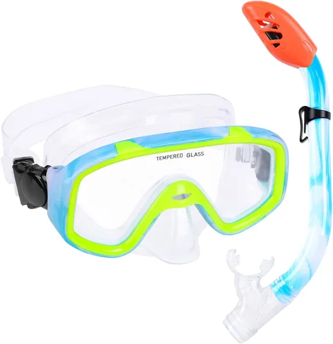 Miniatura 12 de Juego de esnórquel para niños, máscara de buceo antivaho para niños, gafas de natación, equipo de esnórquel con parte superior seca, paquetes