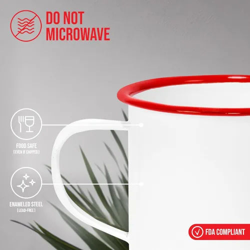 Miniatura 3 de Red Co. Juego de 6 tazas redondas de café y té de metal esmaltado de 12 onzas con asa, borde blanco y rojo sólido