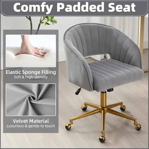 Miniatura 5 de ABET Silla de escritorio con ruedas, silla de terciopelo para oficina en casa, sillón giratorio con base dorada, sillas decorativas modernas Gris