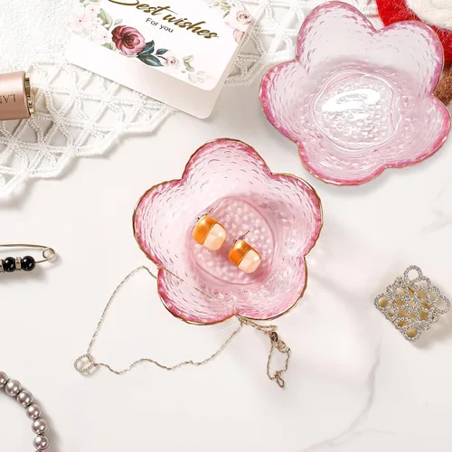 Miniatura 2 de Regalos para mujeres, plato para baratijas con flores, plato para joyería de vidrio rosa, soporte para anillos, bandeja de joyería, decoración