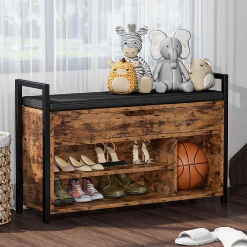 Miniatura 5 de IRONCK Banco de almacenamiento de zapatos, banco de entrada con caja de almacenamiento con tapa abatible, banco de metal y tablero para entrada