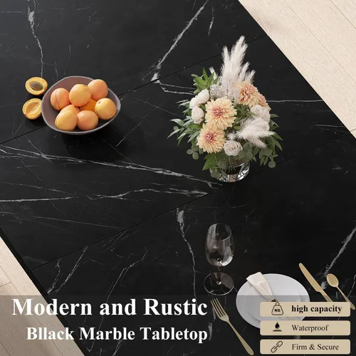 Miniatura 4 de HSH Mesa de comedor de 55 pulgadas para 4, moderna mesa de comedor de mármol sintético negro, mesa de cocina rectangular con pedestal resistente