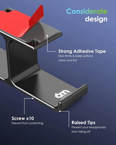Miniatura 5 de Soporte de aluminio para auriculares debajo del escritorio, soporte doble para auriculares con adhesivo de resistencia industrial y montaje