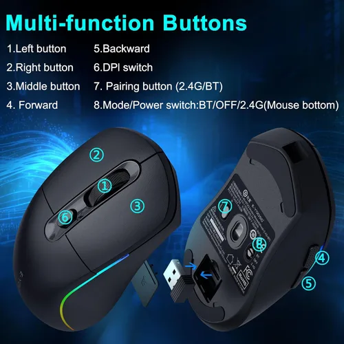 Miniatura 9 de E-YOOSO Mouse inalámbrico para juegos, 10,000 DPI, trimodo de 2.4 GHz/Bluetooth/USB-C con cable, retroiluminación RGB, 6 botones programables, mouse