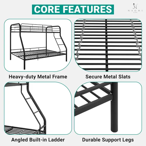 Miniatura 6 de Naomi Home Litera de metal individual sobre tamaño matrimonial con barandillas de seguridad, capacidad de 800 libras, escalera en ángulo, Negro