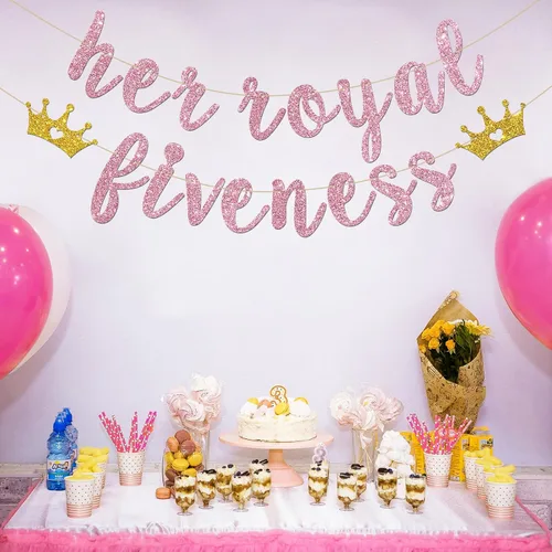 Miniatura 5 de INNORU Cartel con texto en inglés "Her Royal Fivenity" - Decoración de fiesta de cumpleaños número 5 para niñas, suministros de decoración de fiesta
