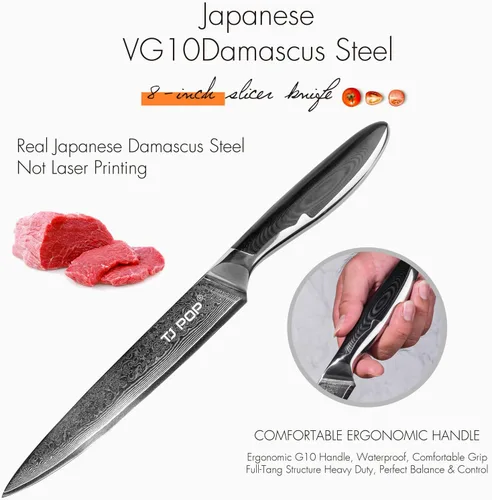 Miniatura 2 de TJ POP Cuchillo de tallado de Damasco para carne, cuchillo profesional de 8 pulgadas, diseño de espiga completa, hoja de acero japonesa VG-10, mango