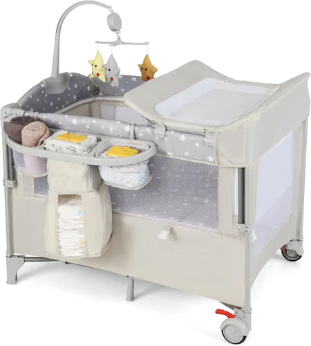 Miniatura 10 de HONEY JOY Pack and Play con moisés, 5 en 1, cuna para bebé para colocar junto a la cama con mesa de cambio de pañales y bolsa de almacenamiento, Café