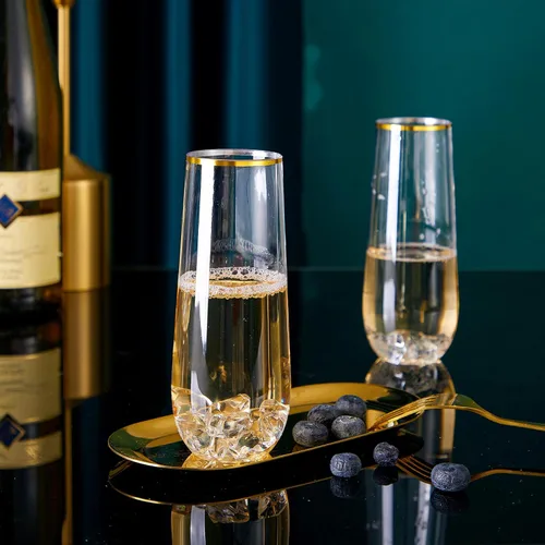 Miniatura 3 de N9R Copas de champán de plástico, 12 vasos desechables sin tallo de 9 onzas, vasos de tostado con borde dorado, vasos de cóctel transparentes