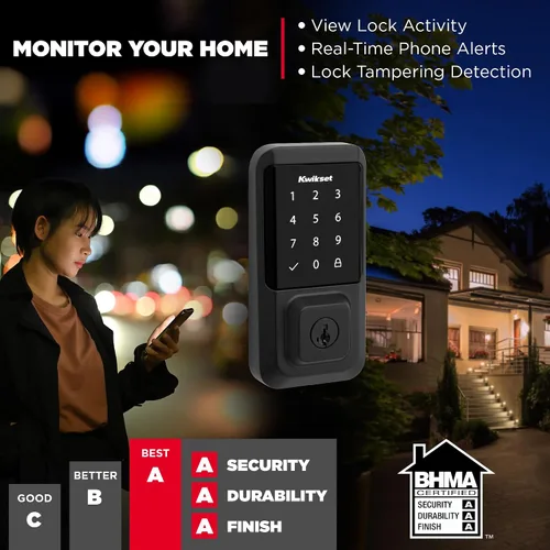 Miniatura 5 de Kwikset Halo Bloqueo inteligente Wi-Fi, cerradura de puerta delantera de entrada sin llave con pantalla táctil, acabado en negro mate, certificado