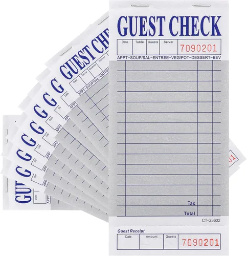 Miniatura 10 de Bloc de notas de servidor (paquete de 10) - 500 cheques de invitados en total - 1 parte de papel azul para cheques de invitados con recibo de azul