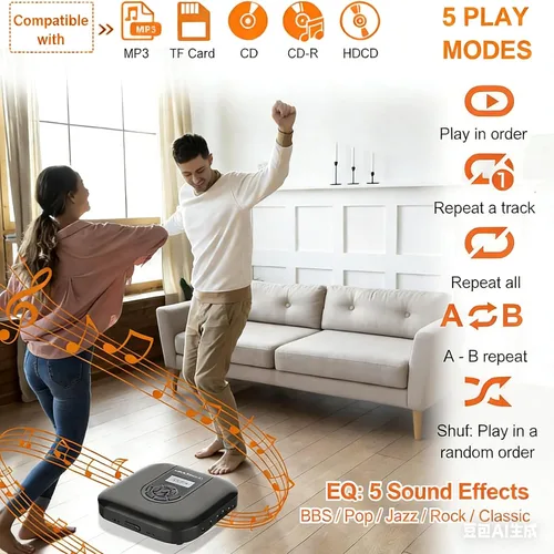 Miniatura 5 de Reproductor de CD portátil, reproductor de CD Bluetooth MONODEAL con altavoces y transmisor FM, reproductor recargable de 1800 mAh para automóvil