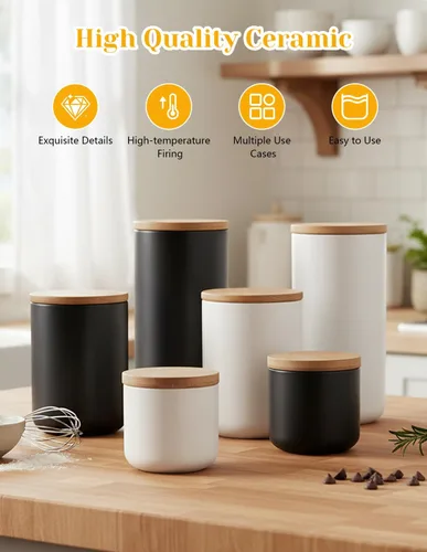 Miniatura 5 de YYW Recipientes de cerámica para almacenamiento de alimentos, recipientes de cocina con tapa hermética para granos de café, azúcar y especias Negro