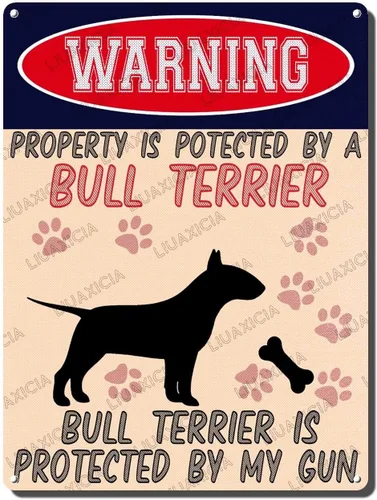 Miniatura 22 de LIUAXICIA Letreros divertidos de metal con texto en inglés "Warning Property is Potected by A American Bulldog is Protected by My Gun" The Coffee