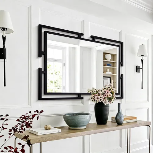 Miniatura 12 de Espejo de pared decorativo grande, espejo negro de 24 x 36 pulgadas para baño, decoración de pared de vidrio templado con marco de metal para sala