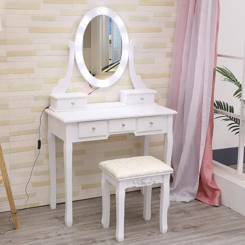 Miniatura 4 de Escritorio de tocador con espejo y luces – Tocador de maquillaje de madera, espejo ovalado y taburete, 3 modos de iluminación, 5 cajones grandes