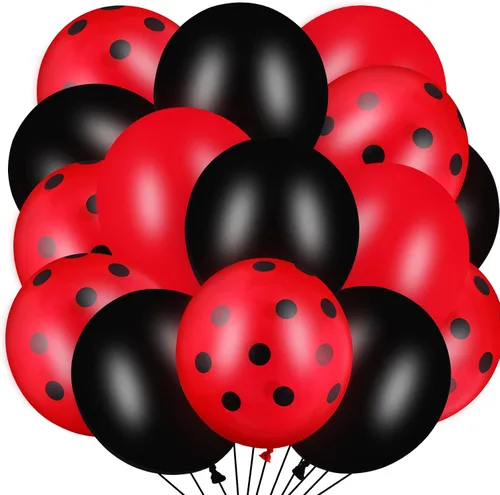 Miniatura 8 de Sumind 100 globos de látex de lunares negros y rojos, decoraciones de mariquita y fresa para decoración de fiestas, cumpleaños, suministros de boda