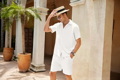 Miniatura 3 de COOFANDY Conjunto de 2 piezas de lino para hombre camisa con botones y pantalones cortos