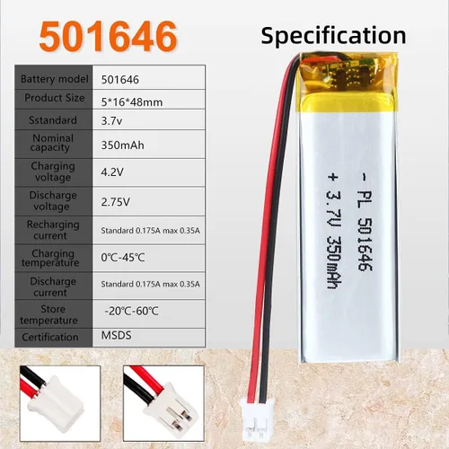 Miniatura 3 de 501646 Batería Lipo de 3.7V 350mAh 501646 Cargable Paquete de Batería de Polímero de Litio con Conector JST PH2.0mm para Dispositivo Electrónico